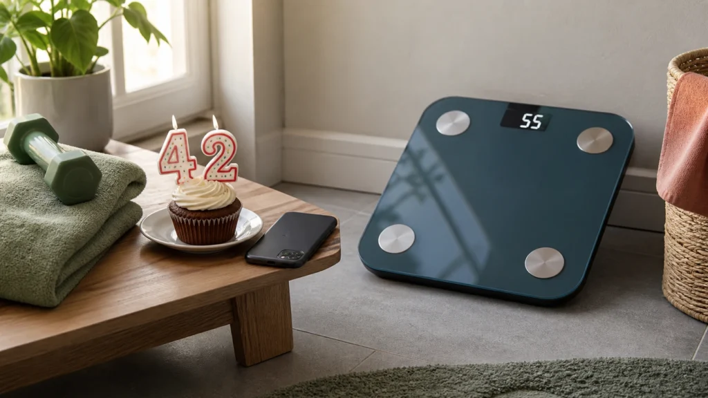 A cupcake with number candles 42 sits beside an unbranded smart body-composition scale displaying 55.