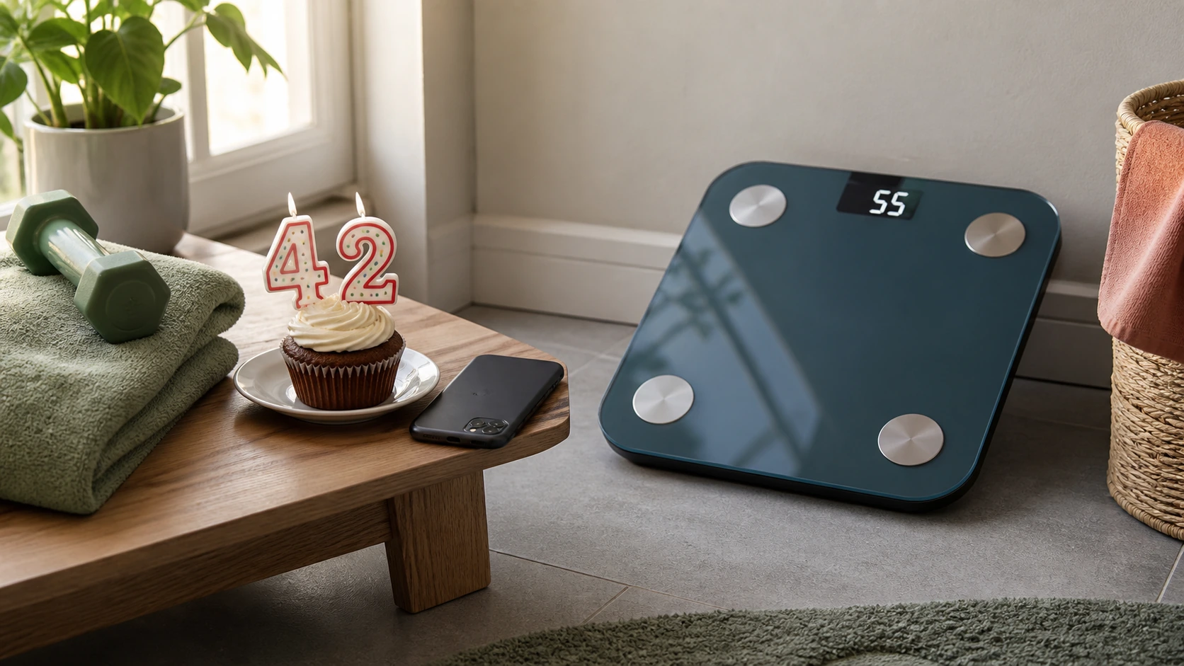 A cupcake with number candles 42 sits beside an unbranded smart body-composition scale displaying 55.