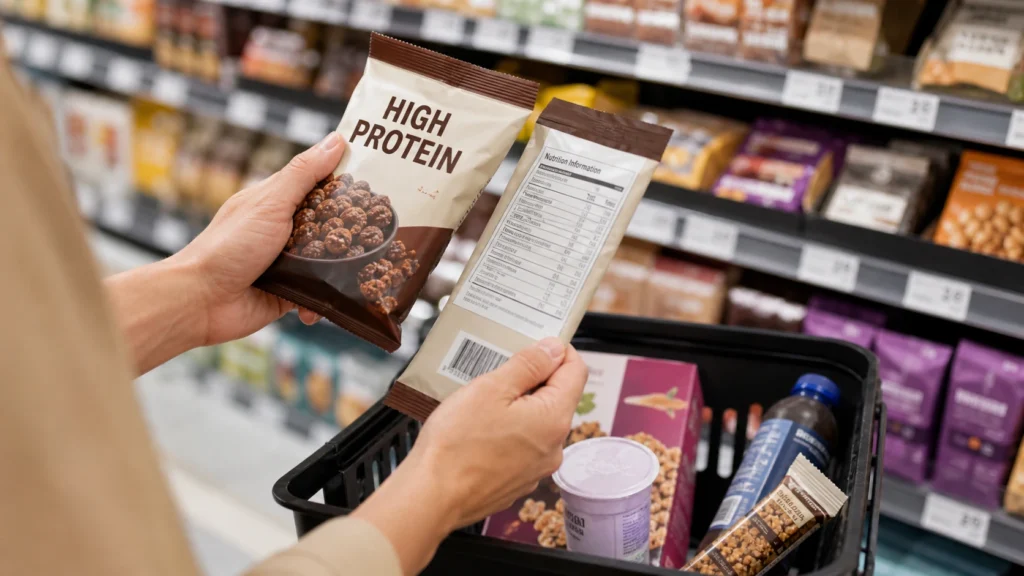 A supermarket shopper holds a high-protein snack package while checking the nutrition information on another side of the package.