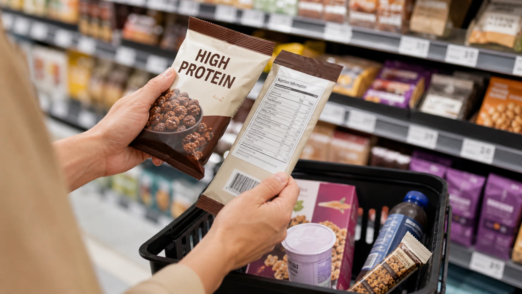 A supermarket shopper holds a high-protein snack package while checking the nutrition information on another side of the package.
