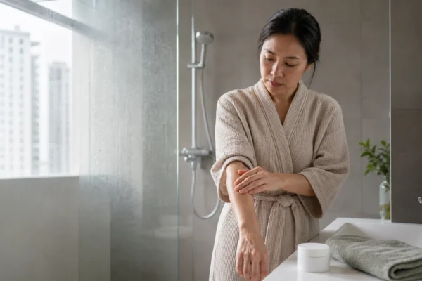 An Asian woman in a bathrobe gently checks the skin on her forearm beside a shower and bathroom sink.