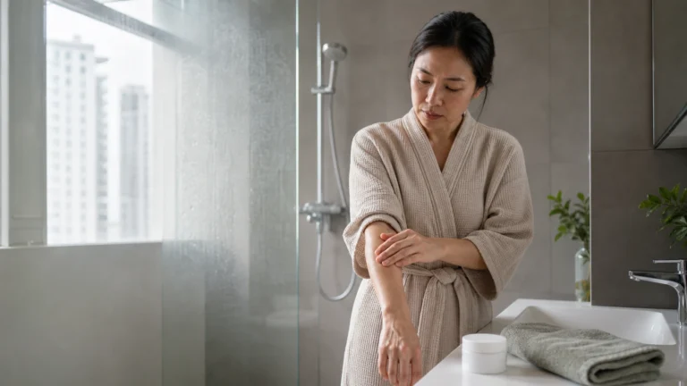 An Asian woman in a bathrobe gently checks the skin on her forearm beside a shower and bathroom sink.