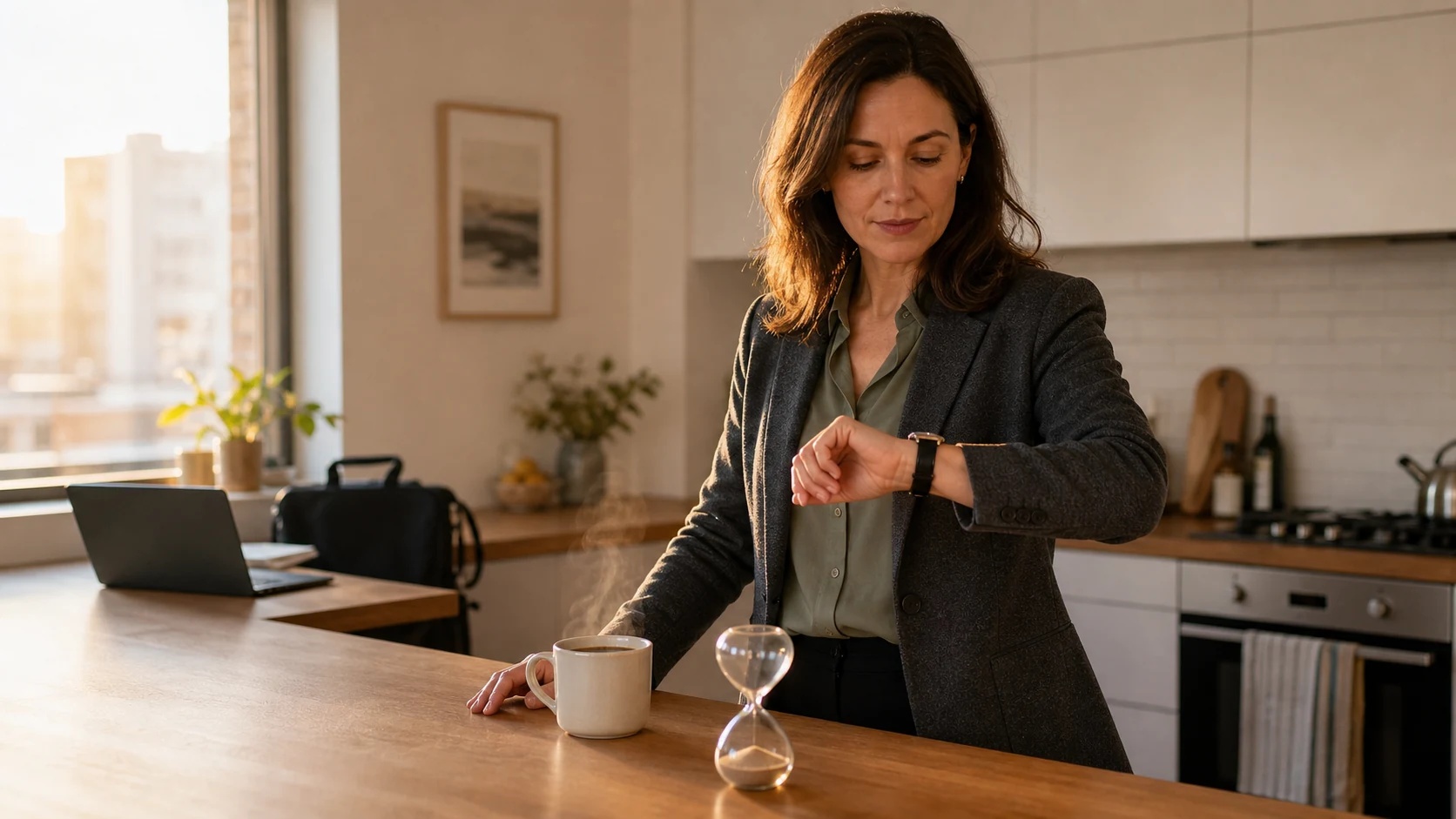 A midlife professional checks her watch beside a steaming morning coffee and a glass hourglass in a sunlit kitchen.