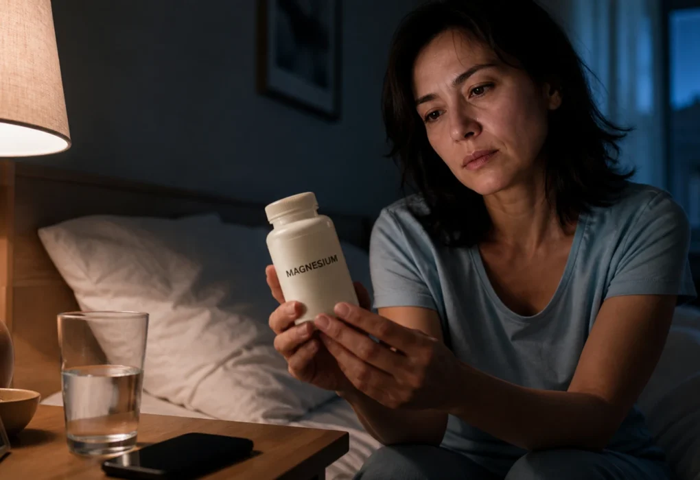 Woman examining a generic magnesium supplement bottle beside her bed, with a lamp and glass of water nearby.