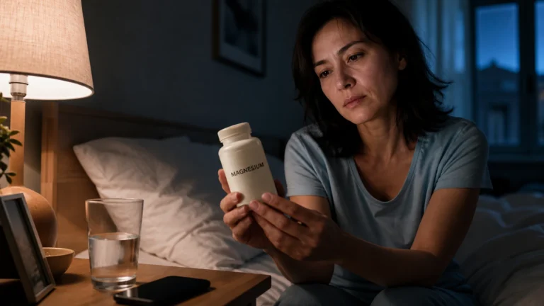 Woman examining a generic magnesium supplement bottle beside her bed, with a lamp and glass of water nearby.