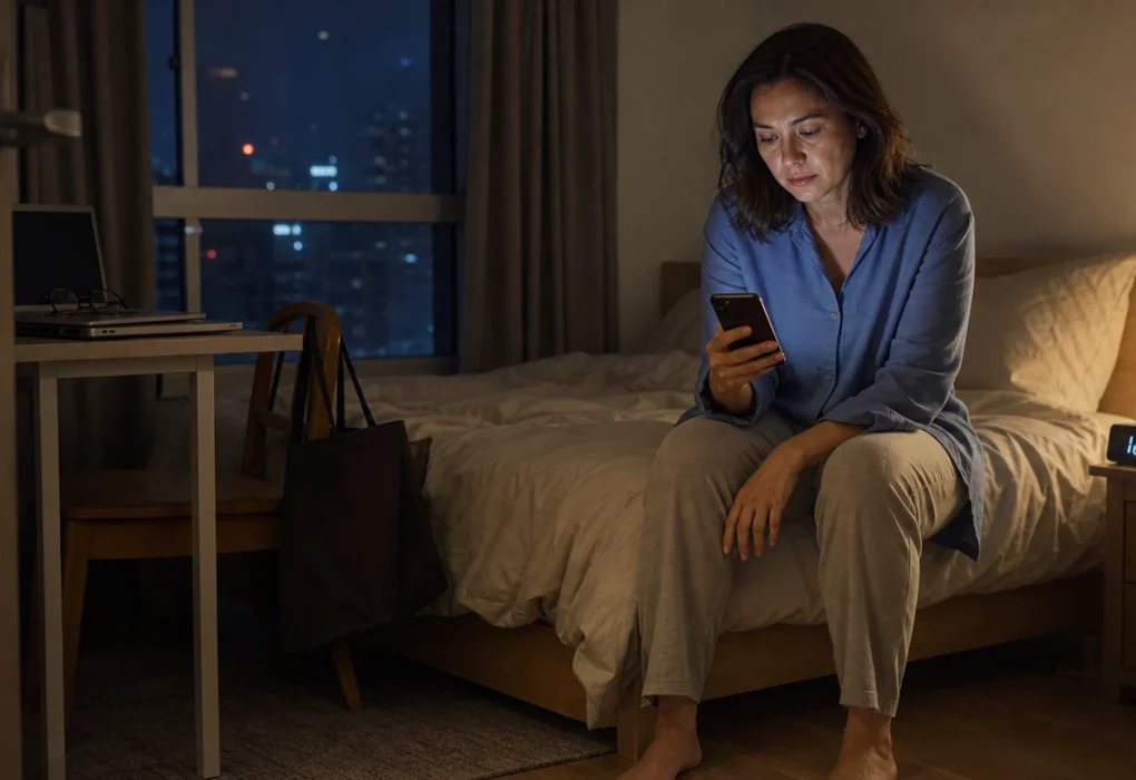 A tired working woman sits on the edge of her bed looking at her phone late at night after closing her laptop.