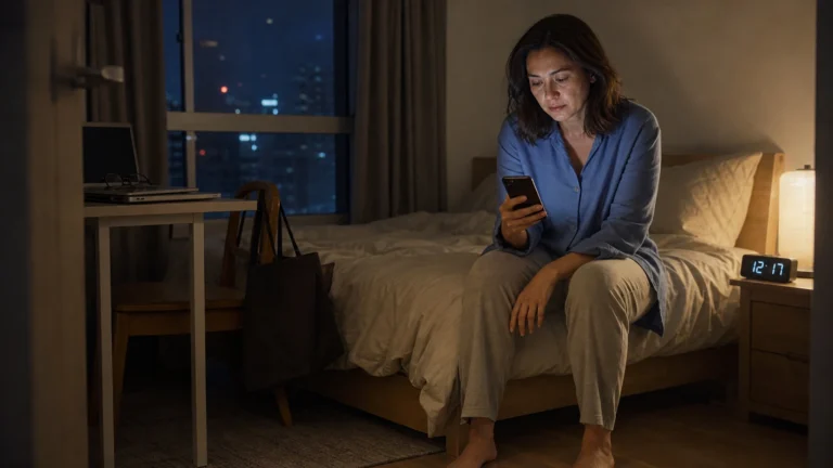 A tired working woman sits on the edge of her bed looking at her phone late at night after closing her laptop.