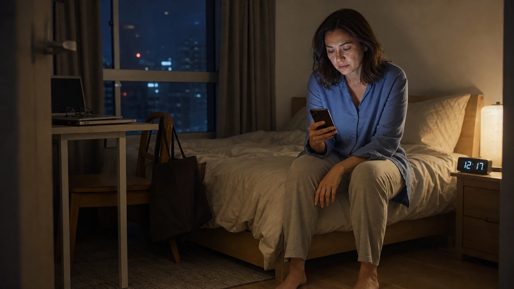 A tired working woman sits on the edge of her bed looking at her phone late at night after closing her laptop.