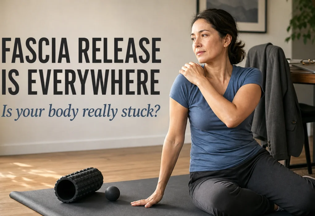 A woman sits on an exercise mat after work and gently holds her shoulder beside a foam roller and massage ball.
