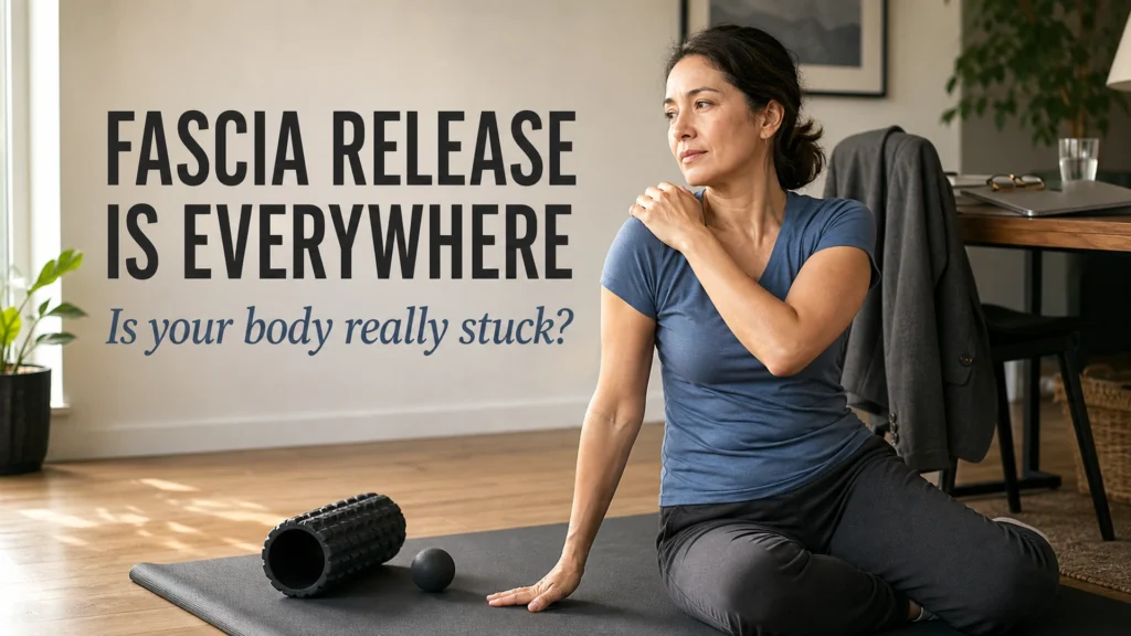 A woman sits on an exercise mat after work and gently holds her shoulder beside a foam roller and massage ball.