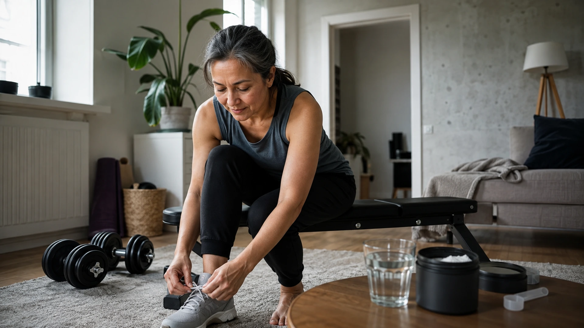 A midlife Eurasian woman ties her shoe before a home strength workout beside dumbbells, water and an unbranded creatine container.