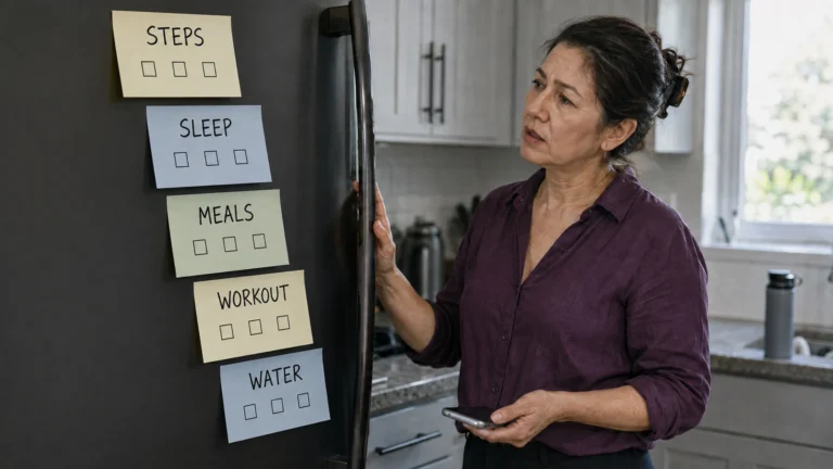 A woman holding her phone looks at wellness reminder checklists on her refrigerator.