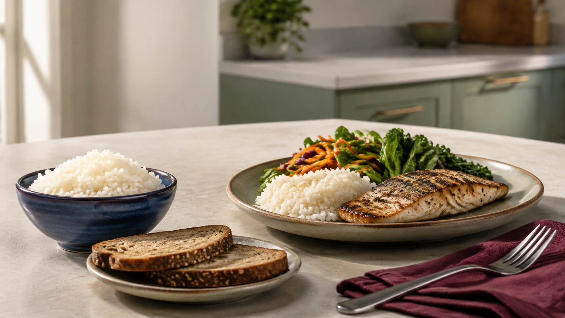 Rice and wholegrain bread beside a plate of fish, rice and vegetables on a kitchen table.