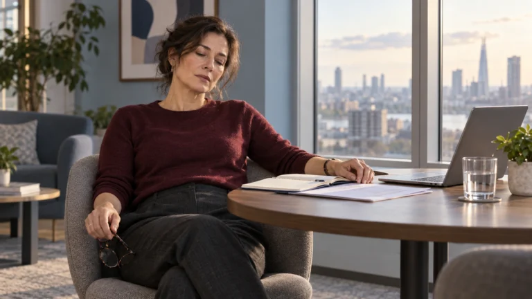 A midlife professional pauses beside her laptop and notebook in an office lounge.
