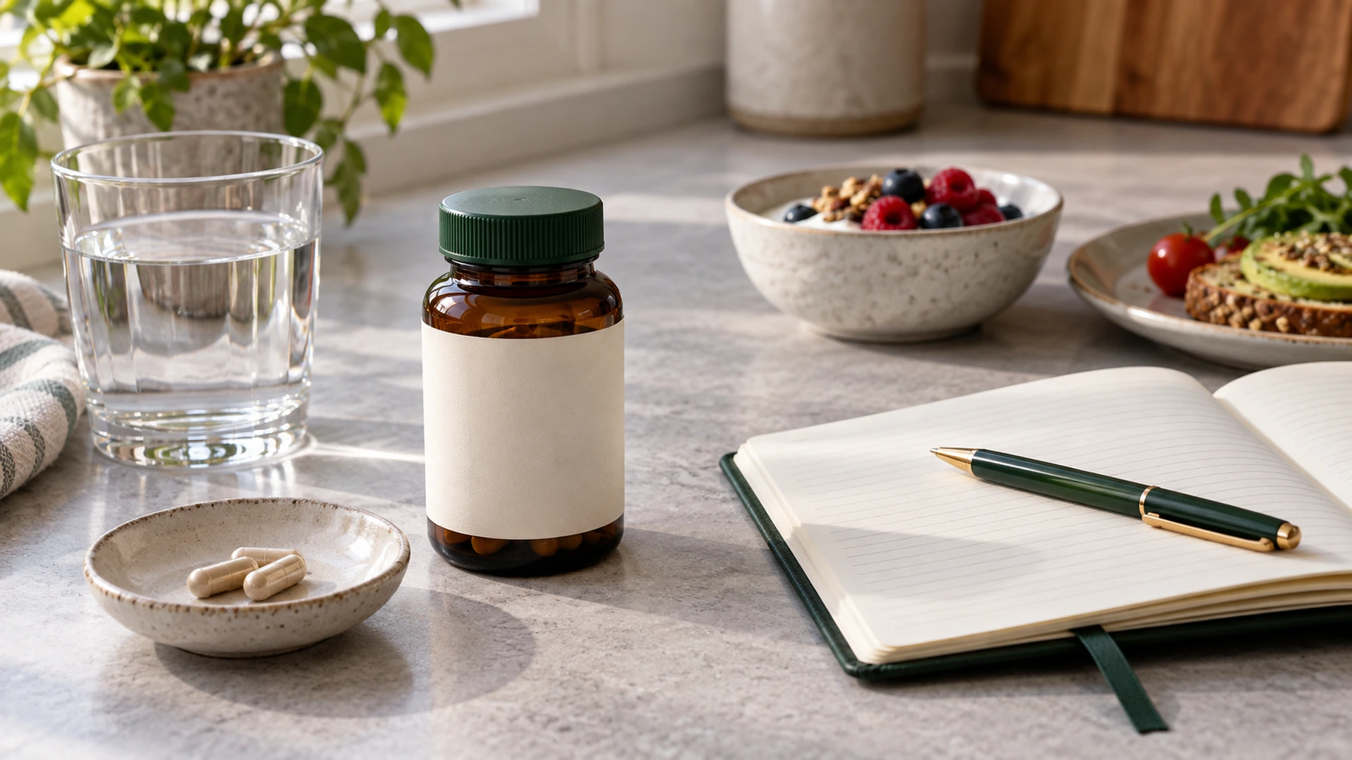 An unbranded supplement bottle, capsules and notebook beside breakfast foods and water.