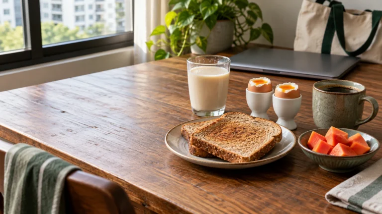 Wholemeal toast, soft-boiled eggs, soy milk, coffee and papaya arranged on a warm weekday breakfast table.