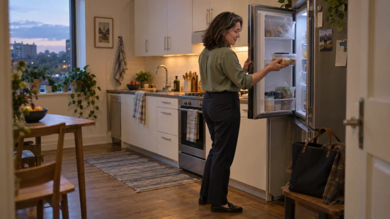 A working woman takes a prepared meal from the refrigerator after arriving home in the evening.