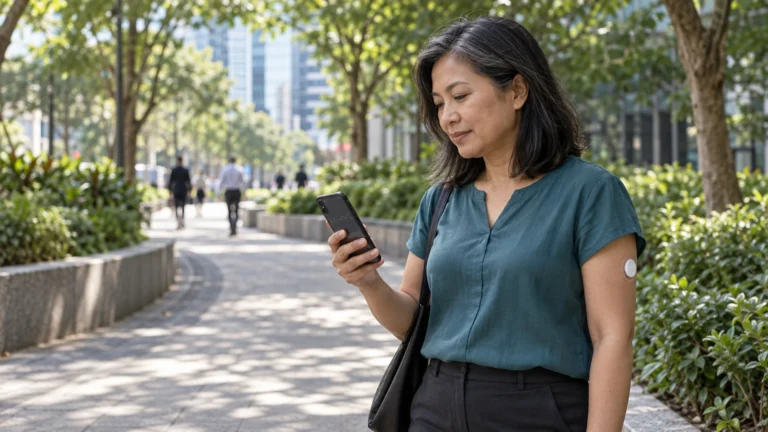 A midlife working woman checks her phone during a walk while wearing a glucose sensor on her upper arm.