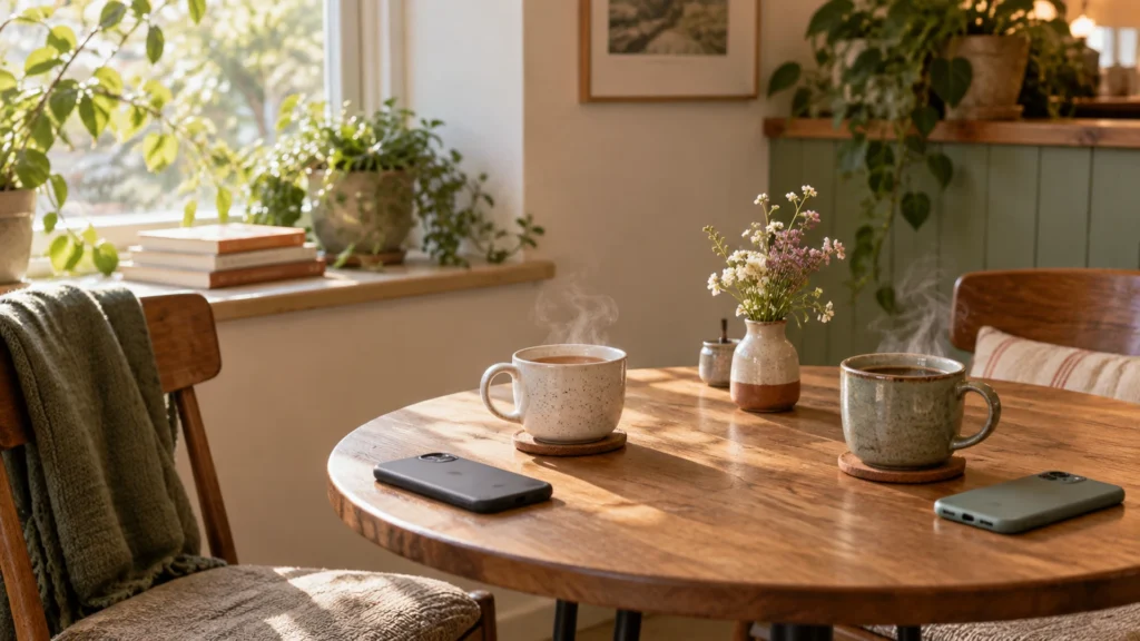 Two steaming cups and two phones placed face down on a sunlit café table set for conversation.