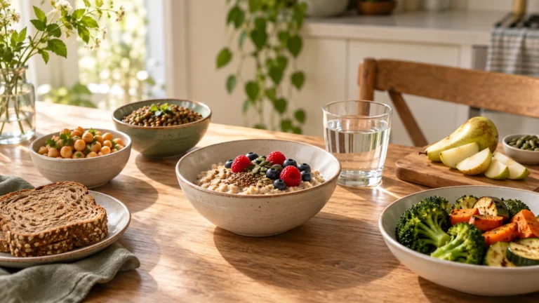 Oatmeal with berries and seeds, wholegrain bread, lentils, chickpeas, pear, cooked vegetables and water arranged on a warm kitchen table.