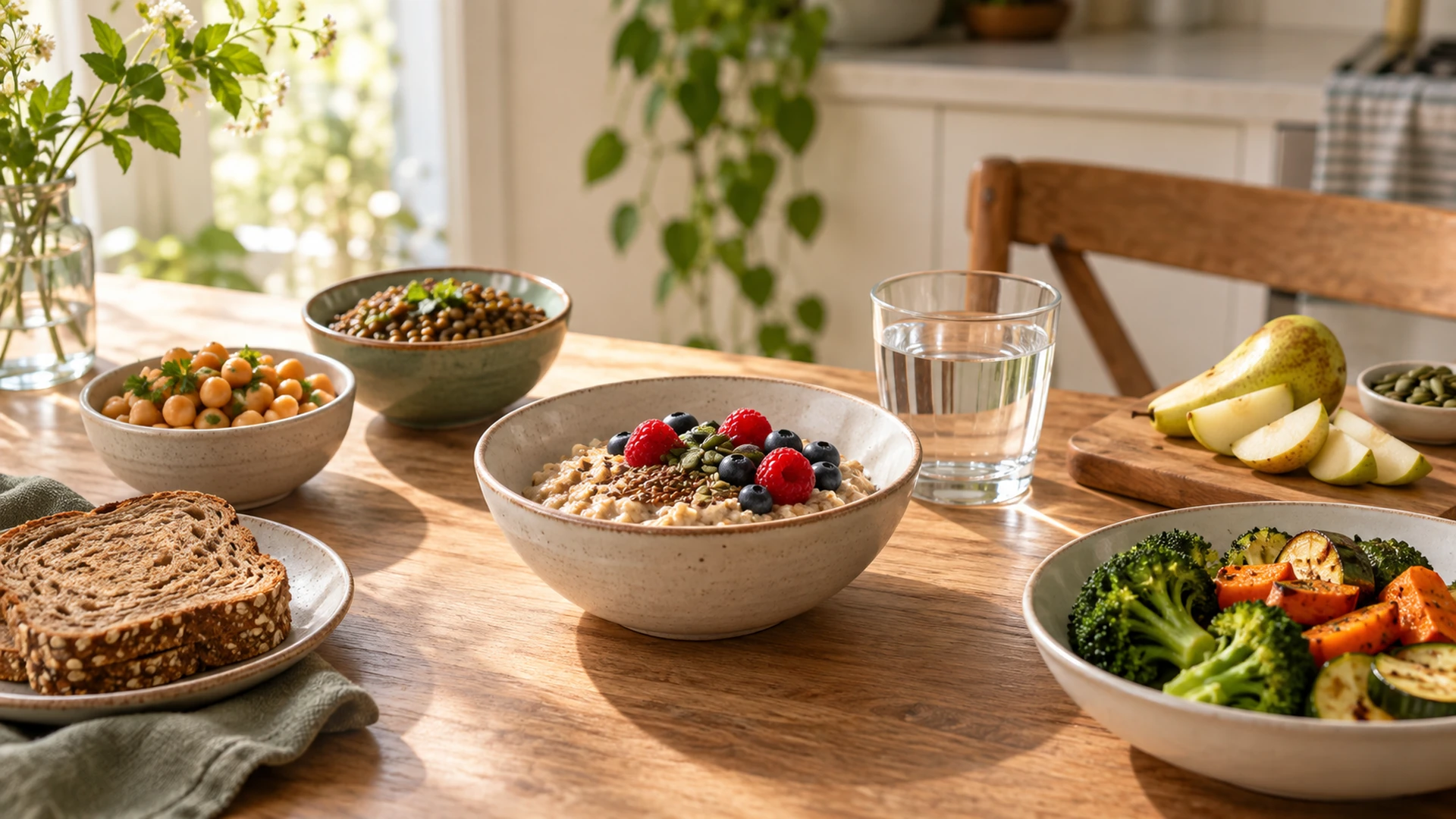 Oatmeal with berries and seeds, wholegrain bread, lentils, chickpeas, pear, cooked vegetables and water arranged on a warm kitchen table.
