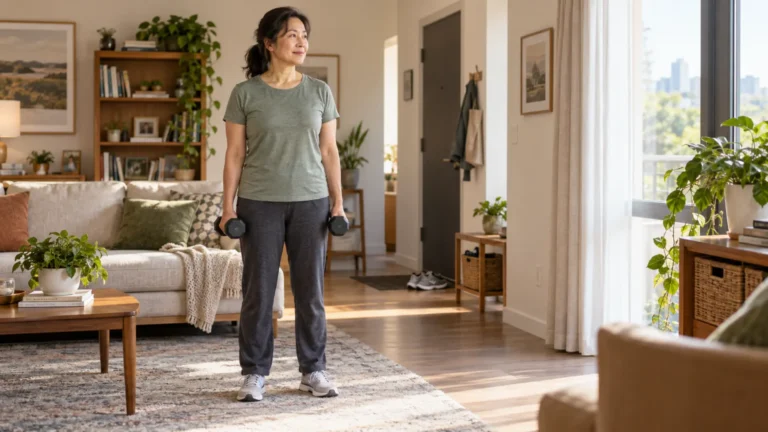 A woman holding dumbbells in a sunlit living room, with walking shoes beside the doorway.