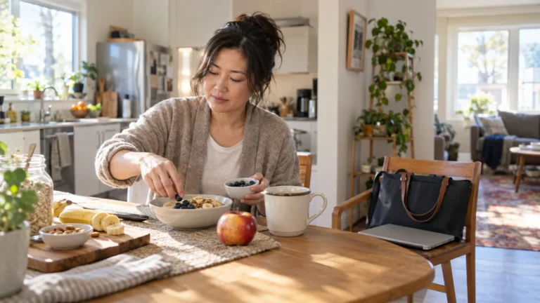 A woman preparing breakfast at a kitchen table after a tiring night, with her work bag nearby.