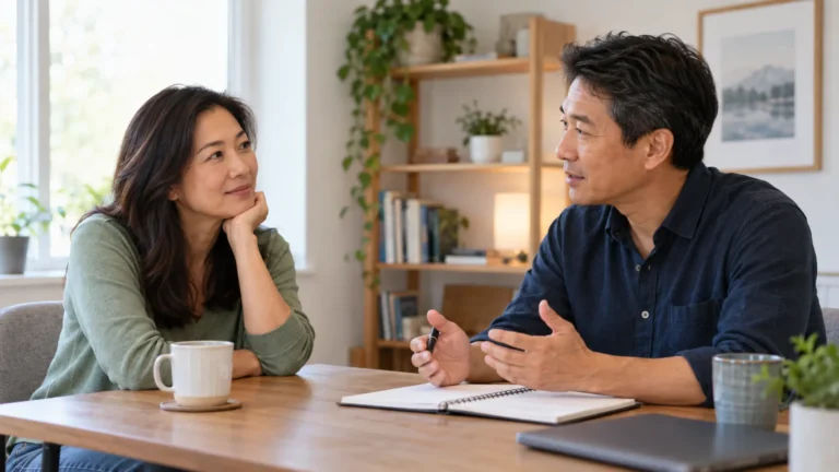 A woman discussing her goals with a wellness coach at a table in a bright, comfortable room.
