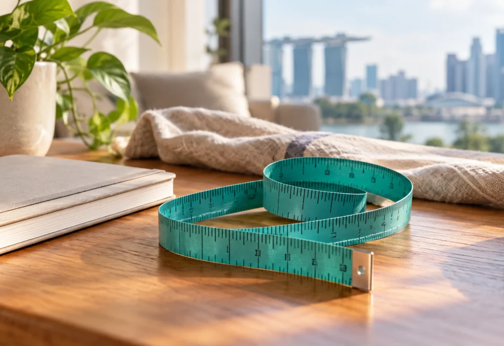 Teal measuring tape and closed notebook on a sunlit wooden table.