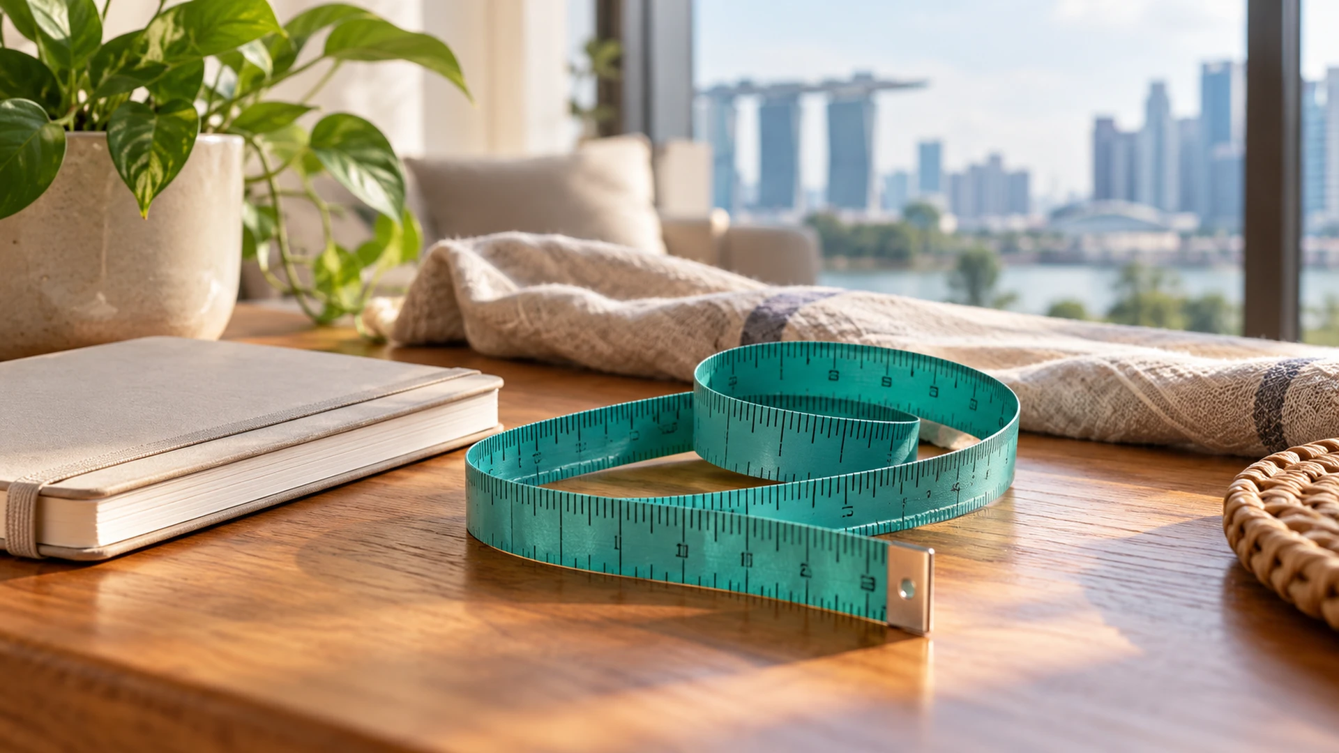 Teal measuring tape and closed notebook on a sunlit wooden table.