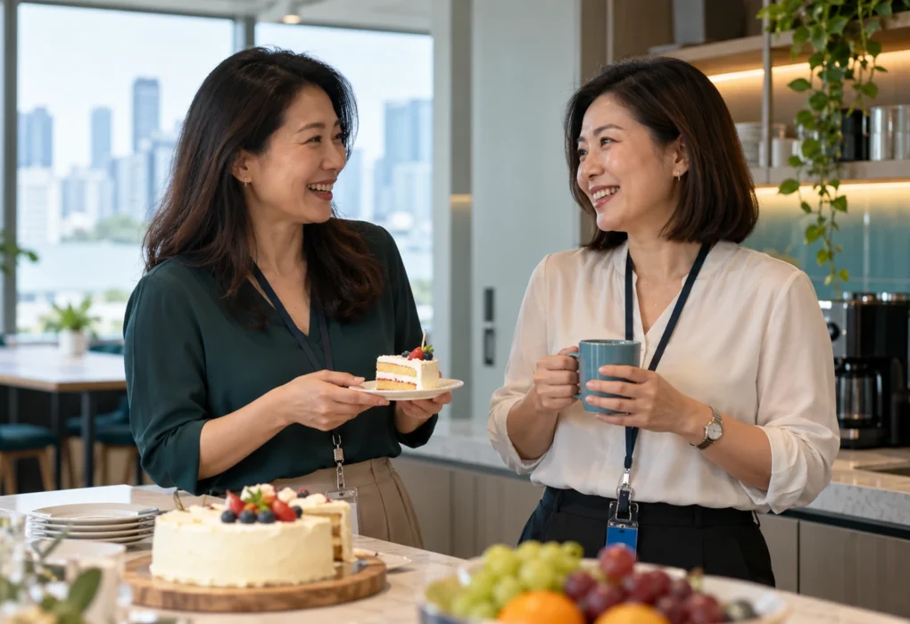 Two women chatting in an office pantry, one holding cake and the other a mug.