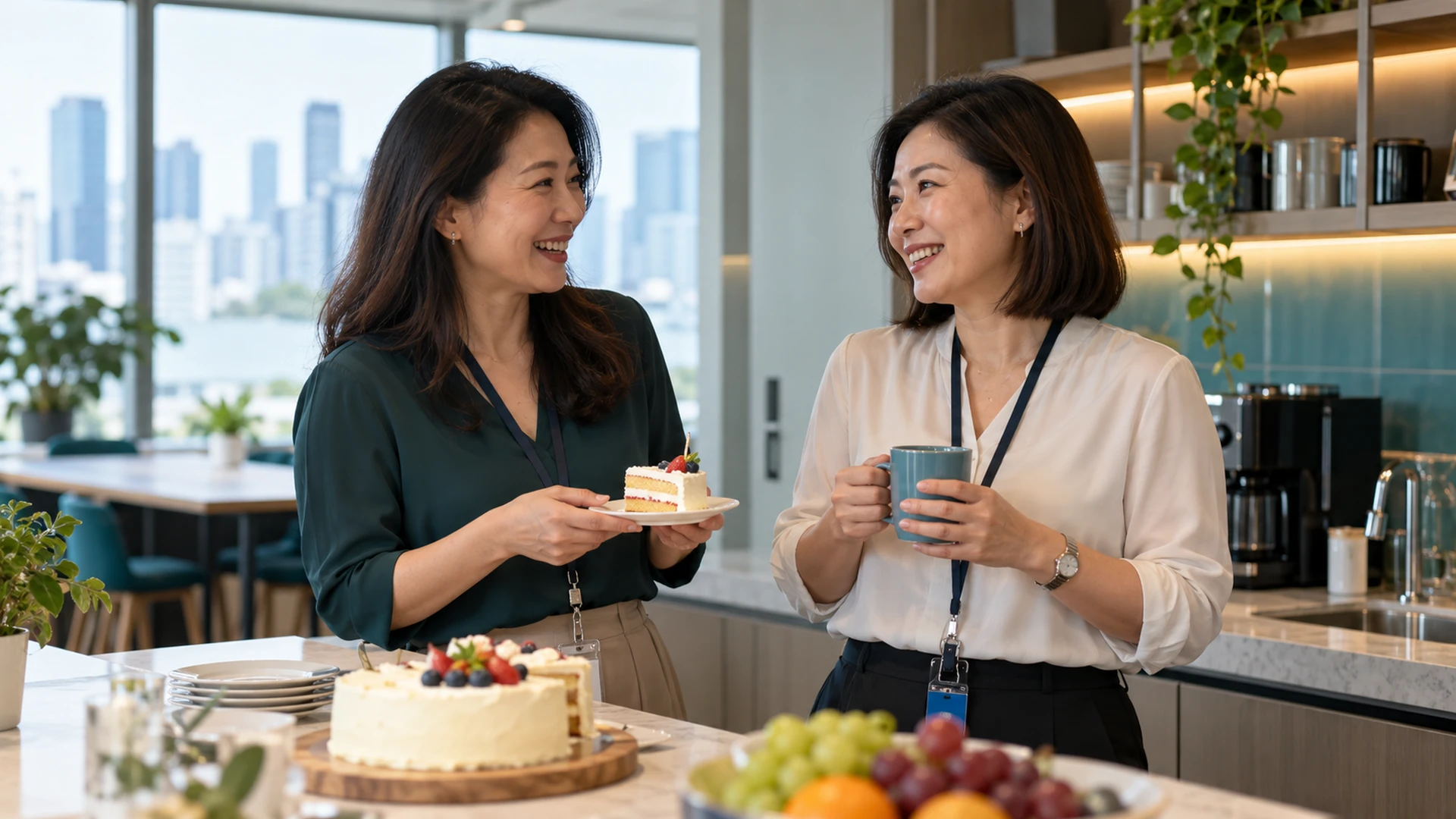 Two women chatting in an office pantry, one holding cake and the other a mug.