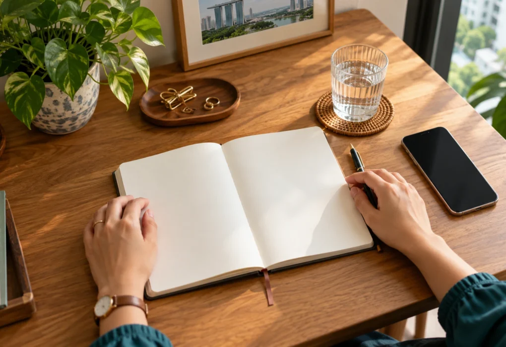 Hands beside an open notebook, pen, phone and glass of water on a wooden desk.