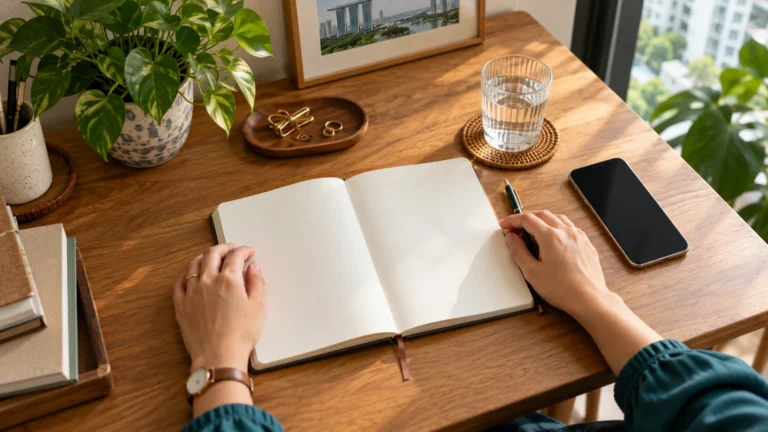 Hands beside an open notebook, pen, phone and glass of water on a wooden desk.