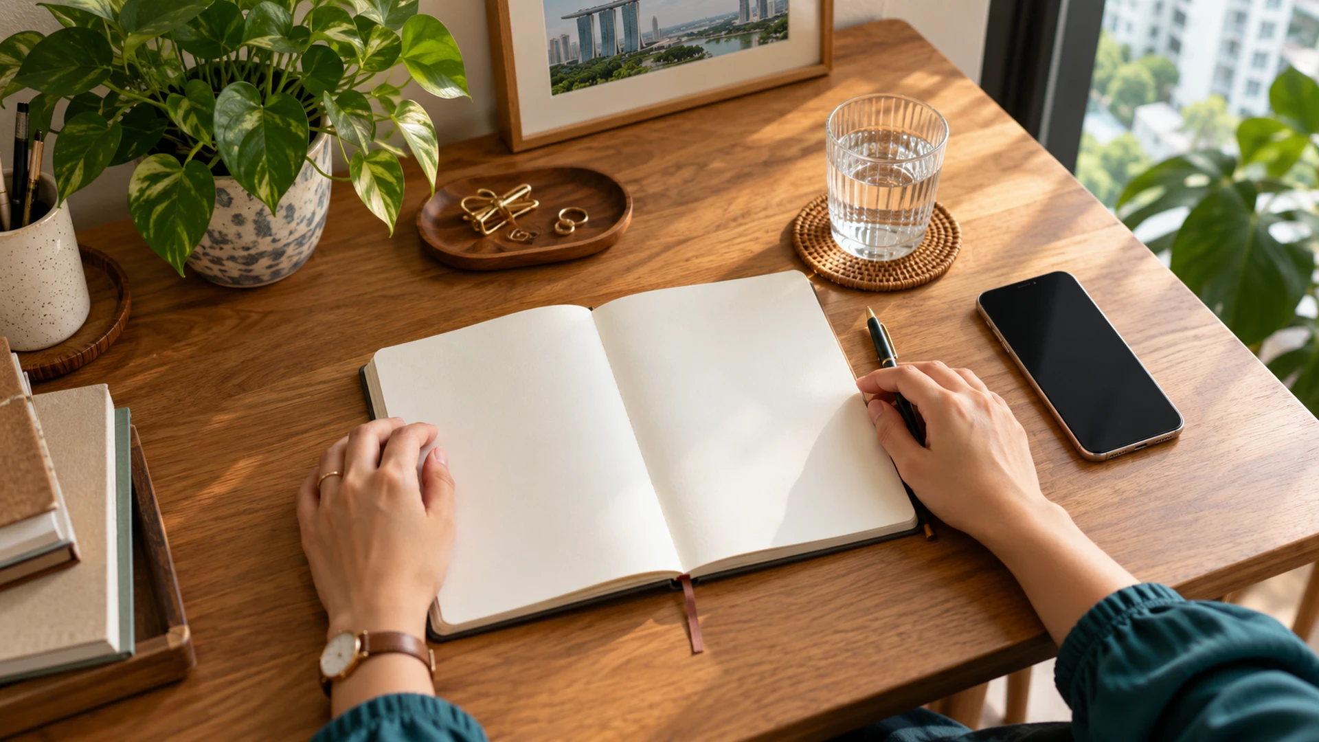Hands beside an open notebook, pen, phone and glass of water on a wooden desk.