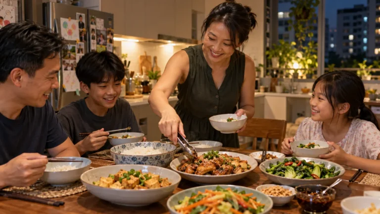 A family sharing a weeknight dinner around a table with rice, vegetables and separate protein dishes