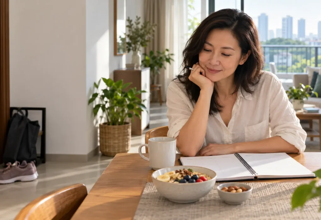 A woman reviews an open weekly planner over breakfast, with walking shoes nearby.