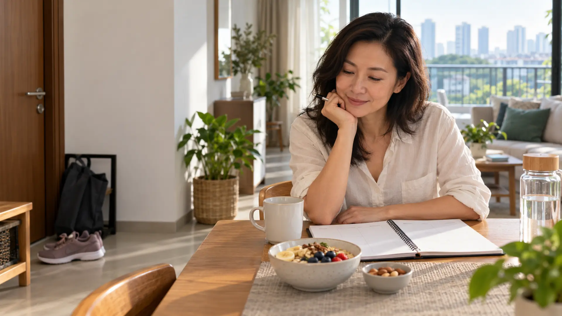 A woman reviews an open weekly planner over breakfast, with walking shoes nearby.