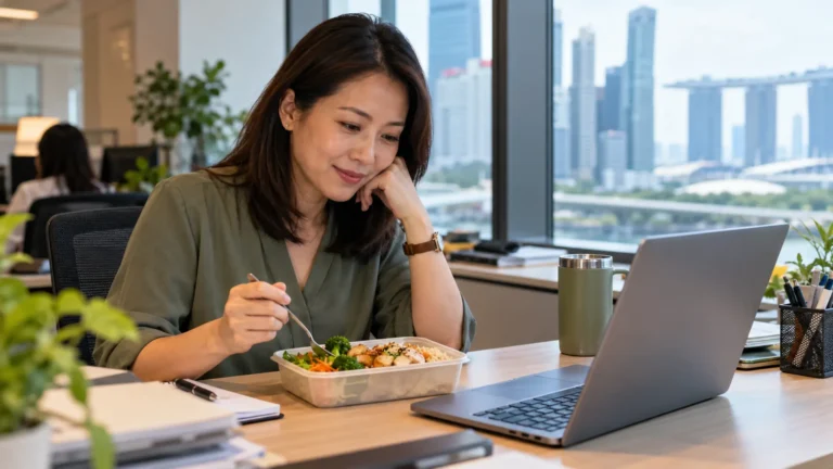 A woman in her 40s sits at an office desk with an open lunch container and laptop in the afternoon.