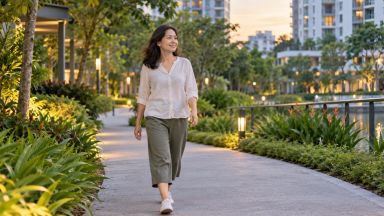 A woman walking on a landscaped path beside modern residential buildings