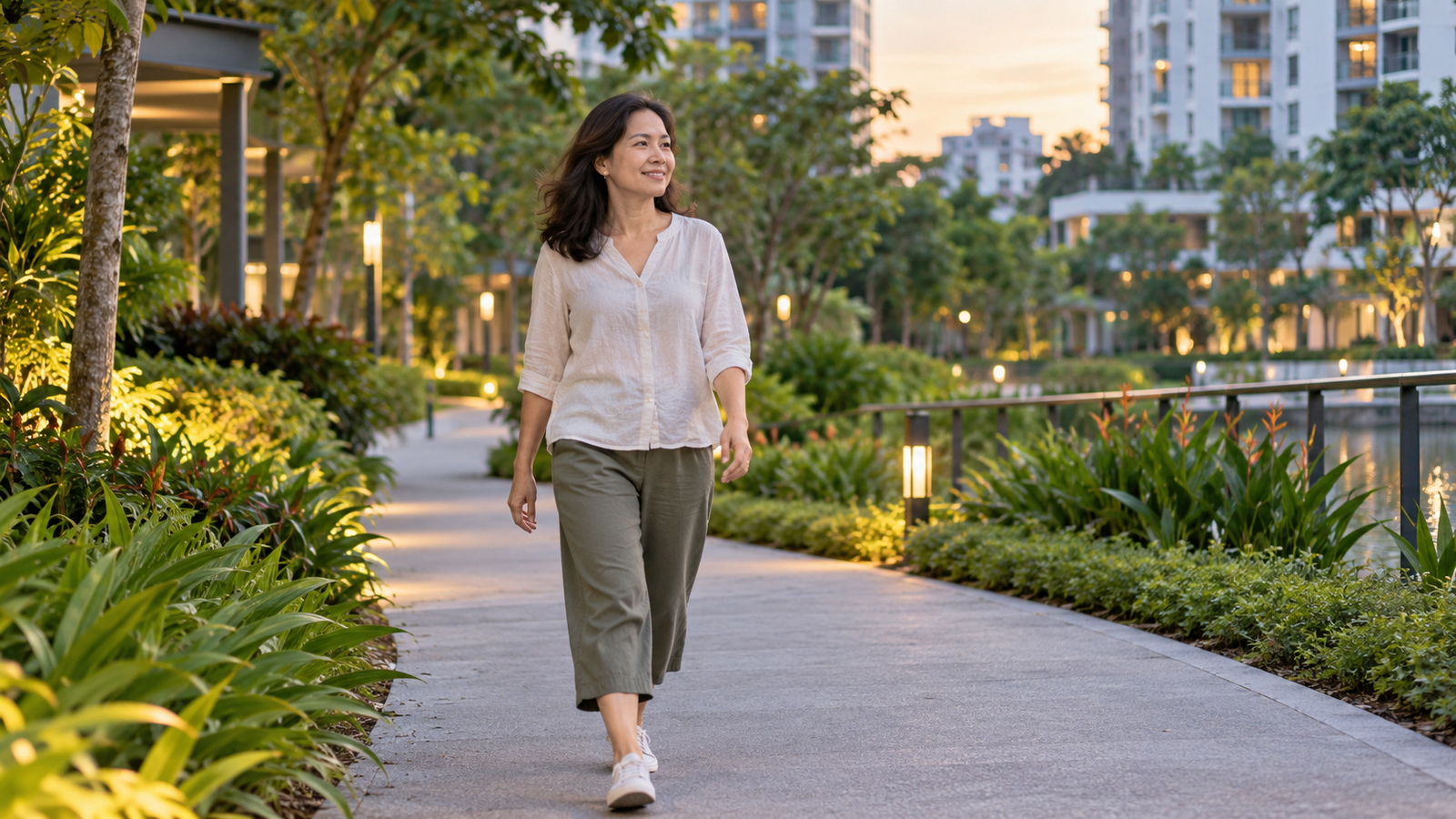 A woman walking on a landscaped path beside modern residential buildings