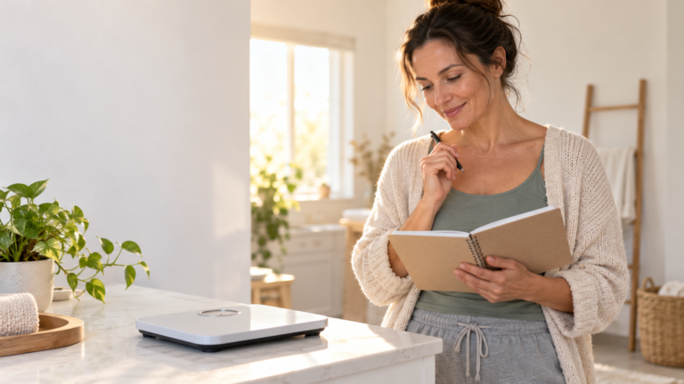 A woman reviewing a notebook beside a bathroom scale in a bright home.