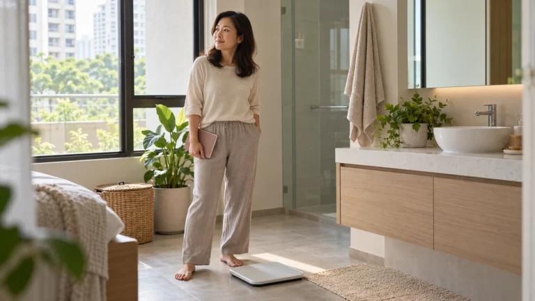 Woman standing beside a bathroom scale in a bright bathroom, holding a small notebook.
