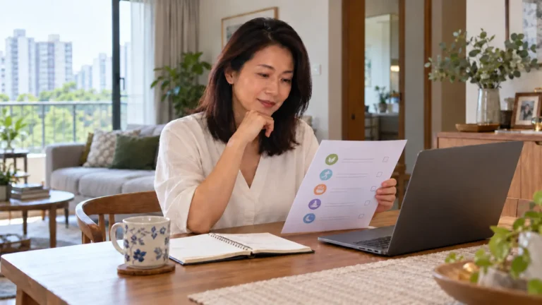 A woman reviewing a wellness programme checklist with a laptop and notebook at home