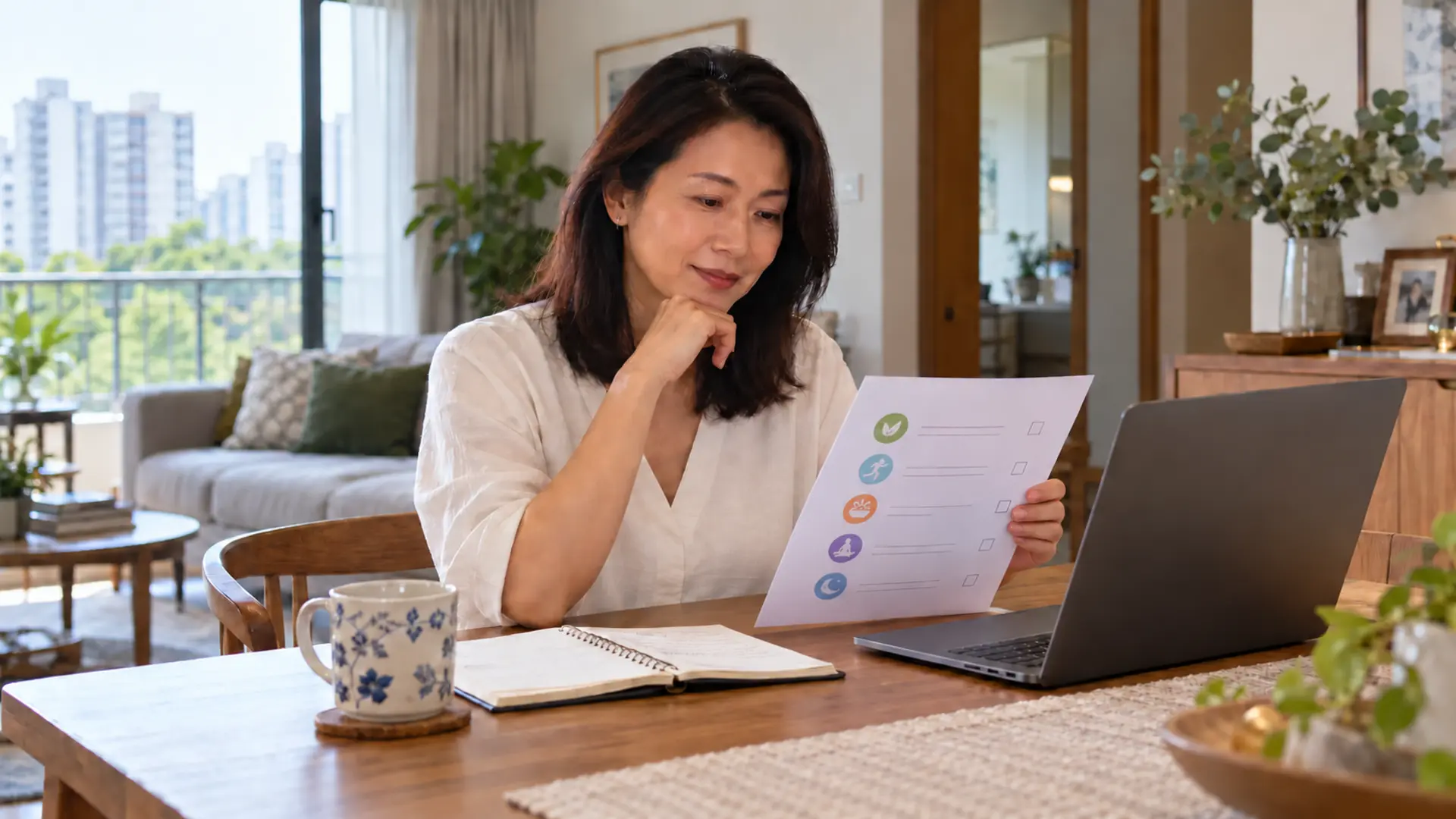 A woman reviewing a wellness programme checklist with a laptop and notebook at home